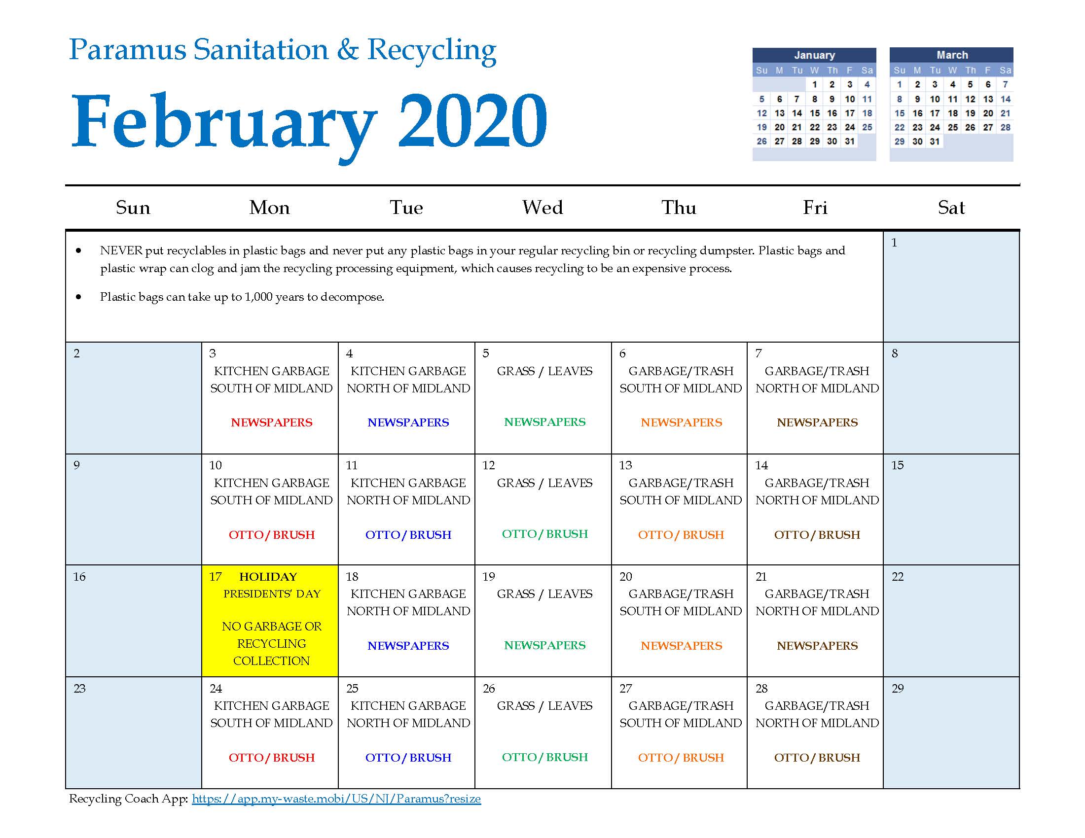 2020 Paramus Recycling Calendar February
