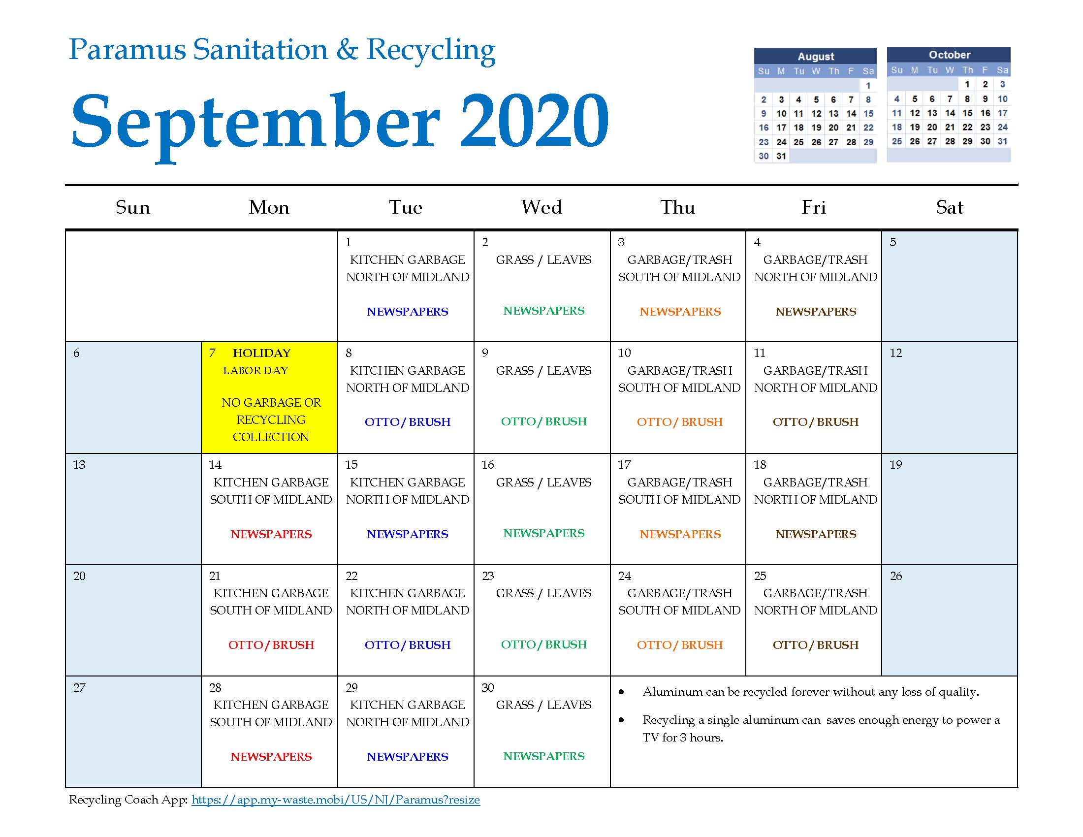 2020 Paramus Recycling Calendar September