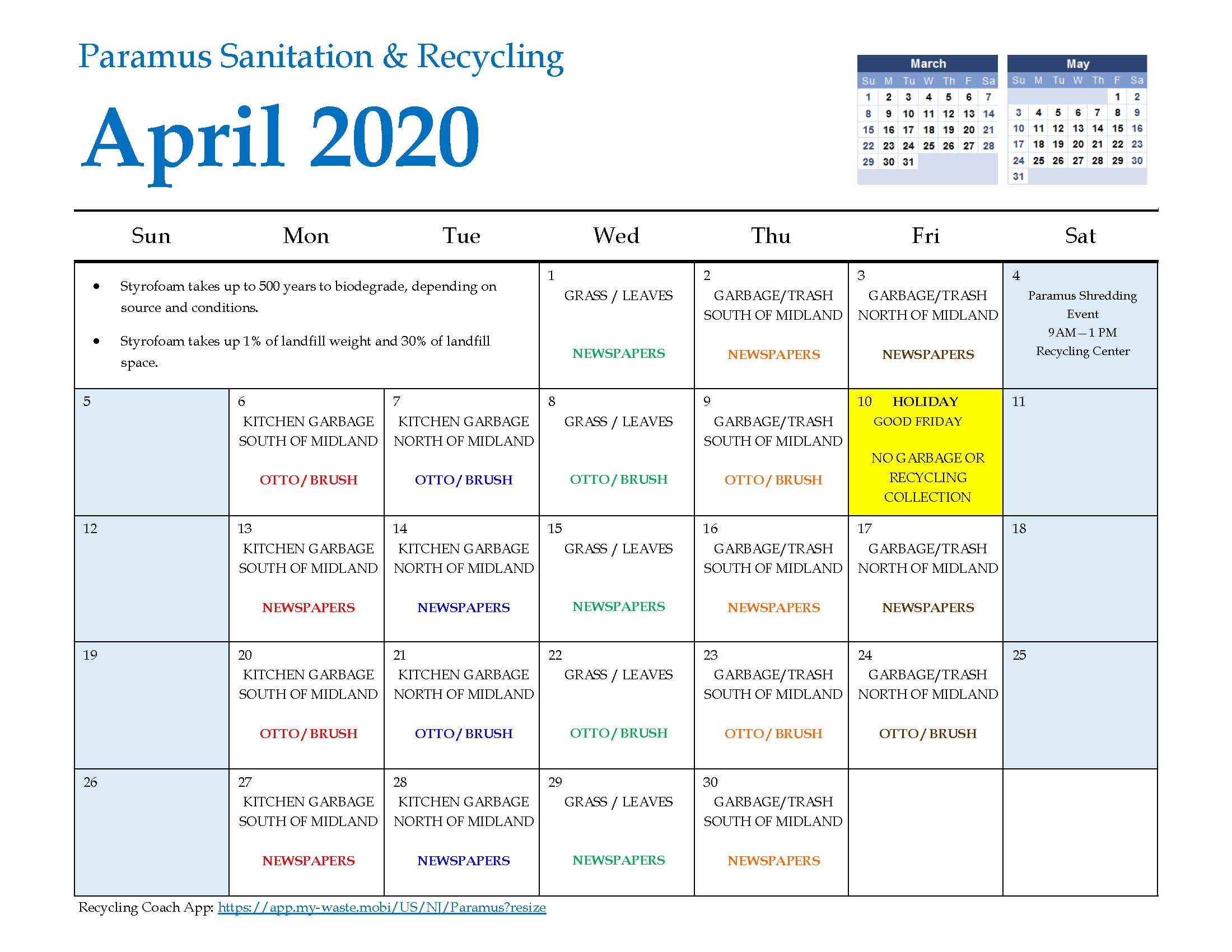 2020 Paramus Recycling Calendar April