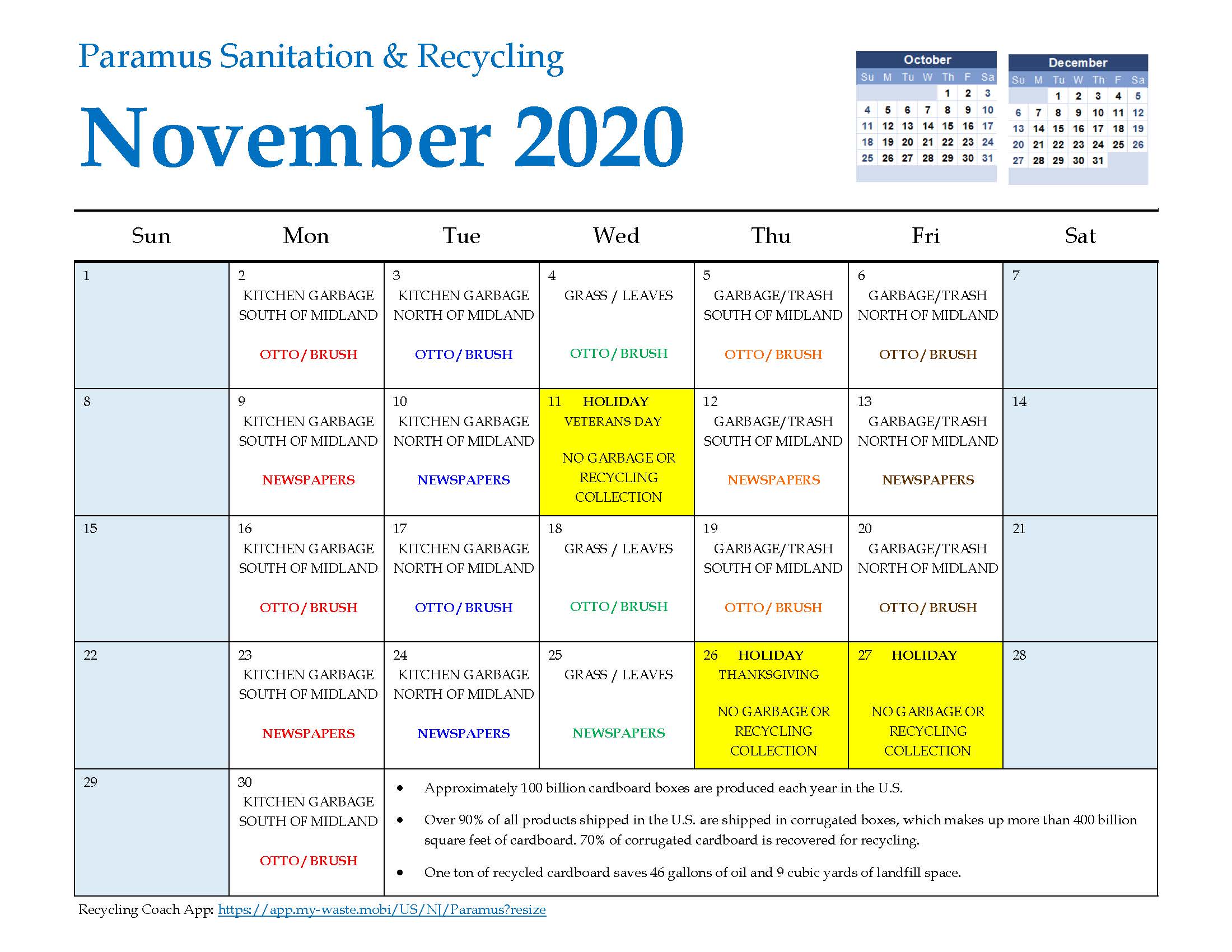 2020 Paramus Recycling Calendar November
