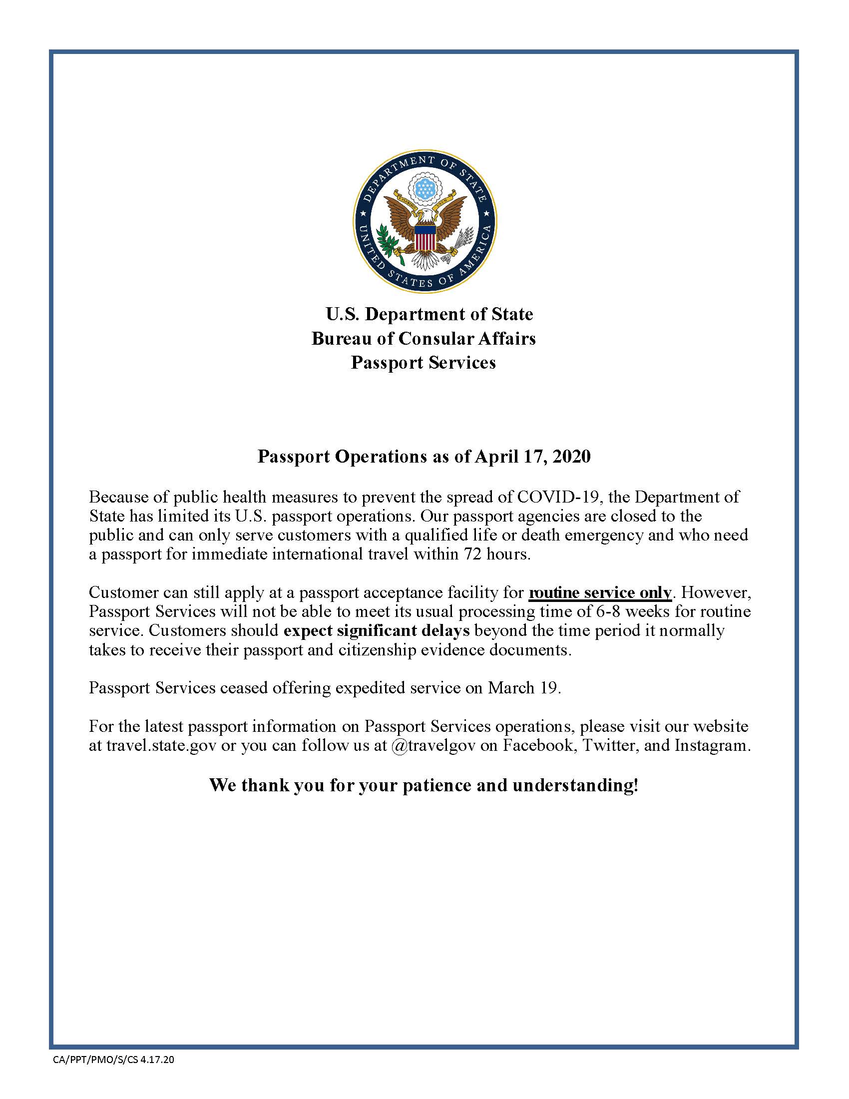 Customer Handout - Passport Operations as of 4-17-20