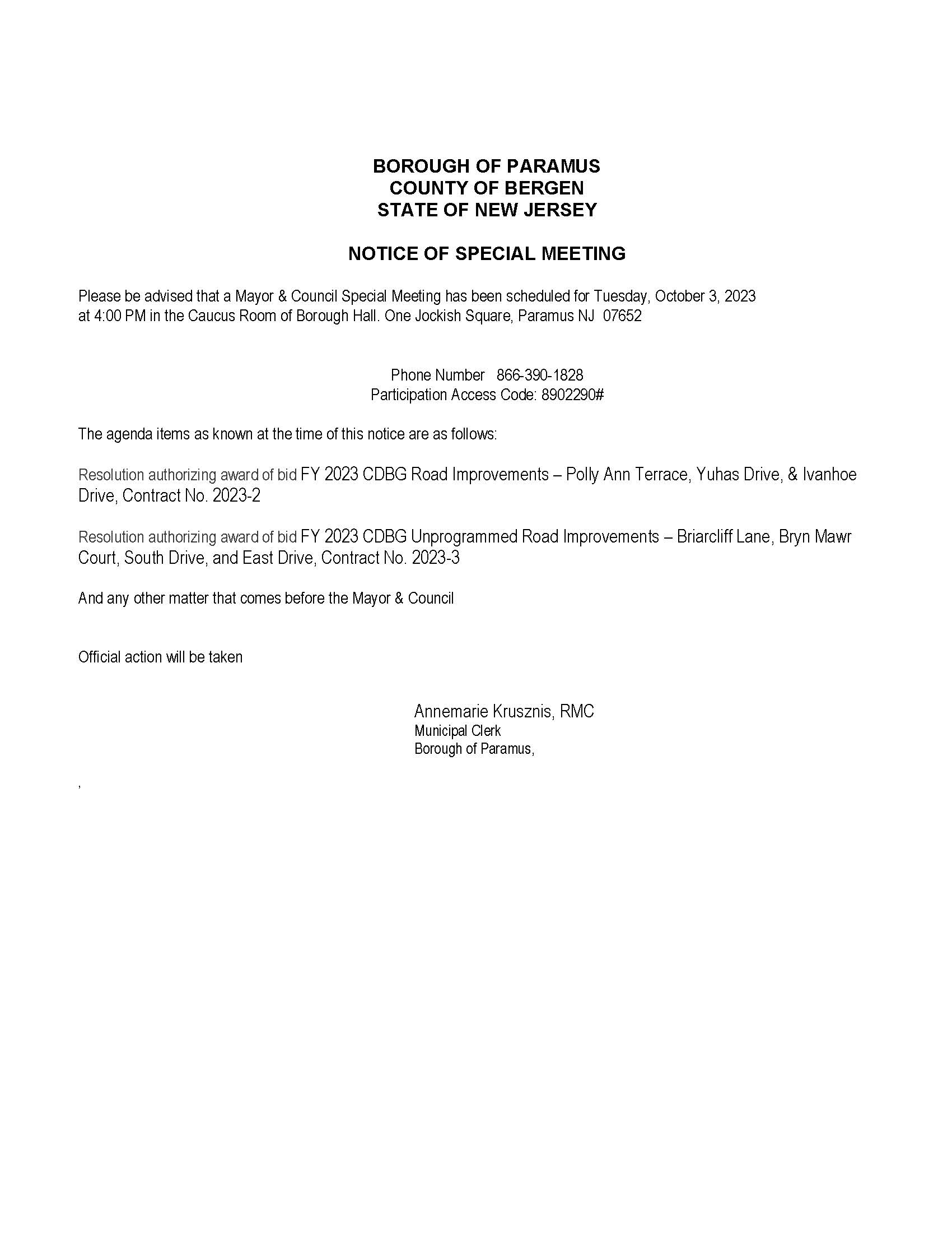 Notice of Special Meeting 10 03 2023  to Bergen Record 09 27 2023