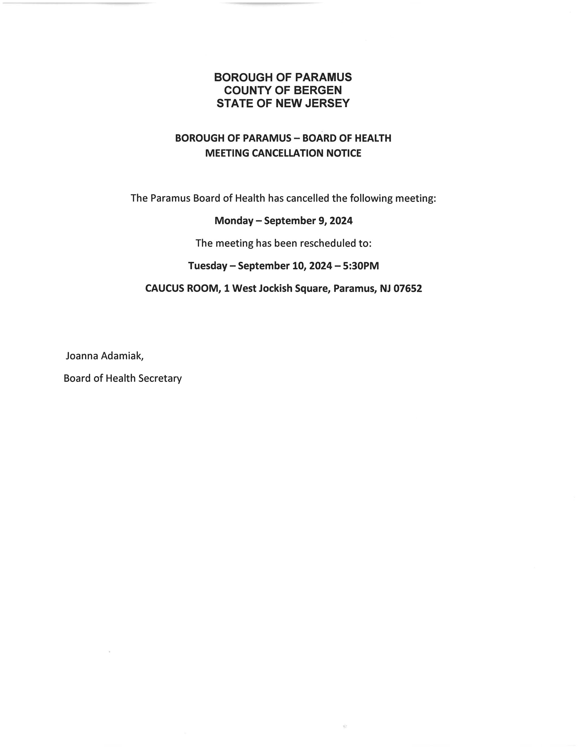 BOH Meeting Cancellation Notice