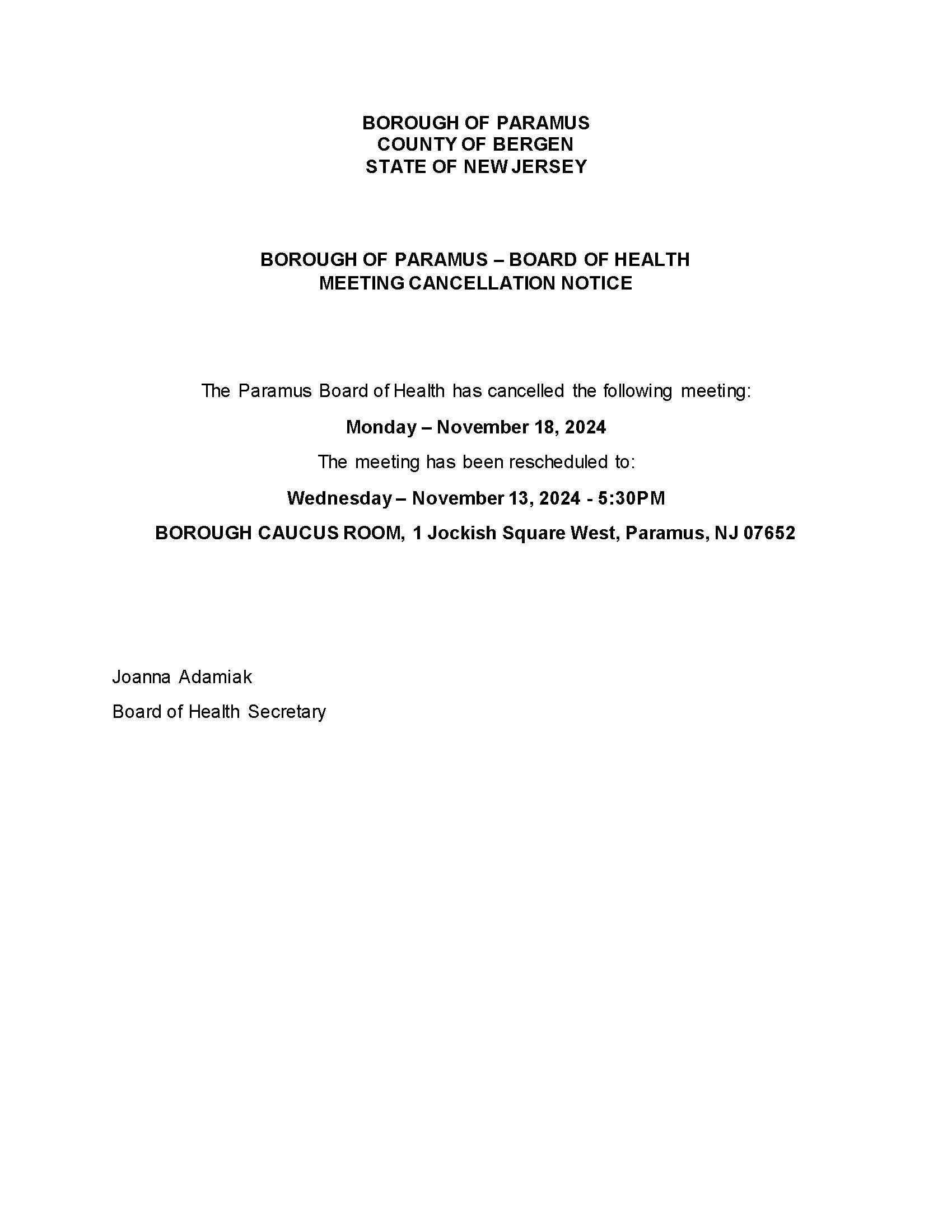 BOH Meeting Cancellation 10 10 2024