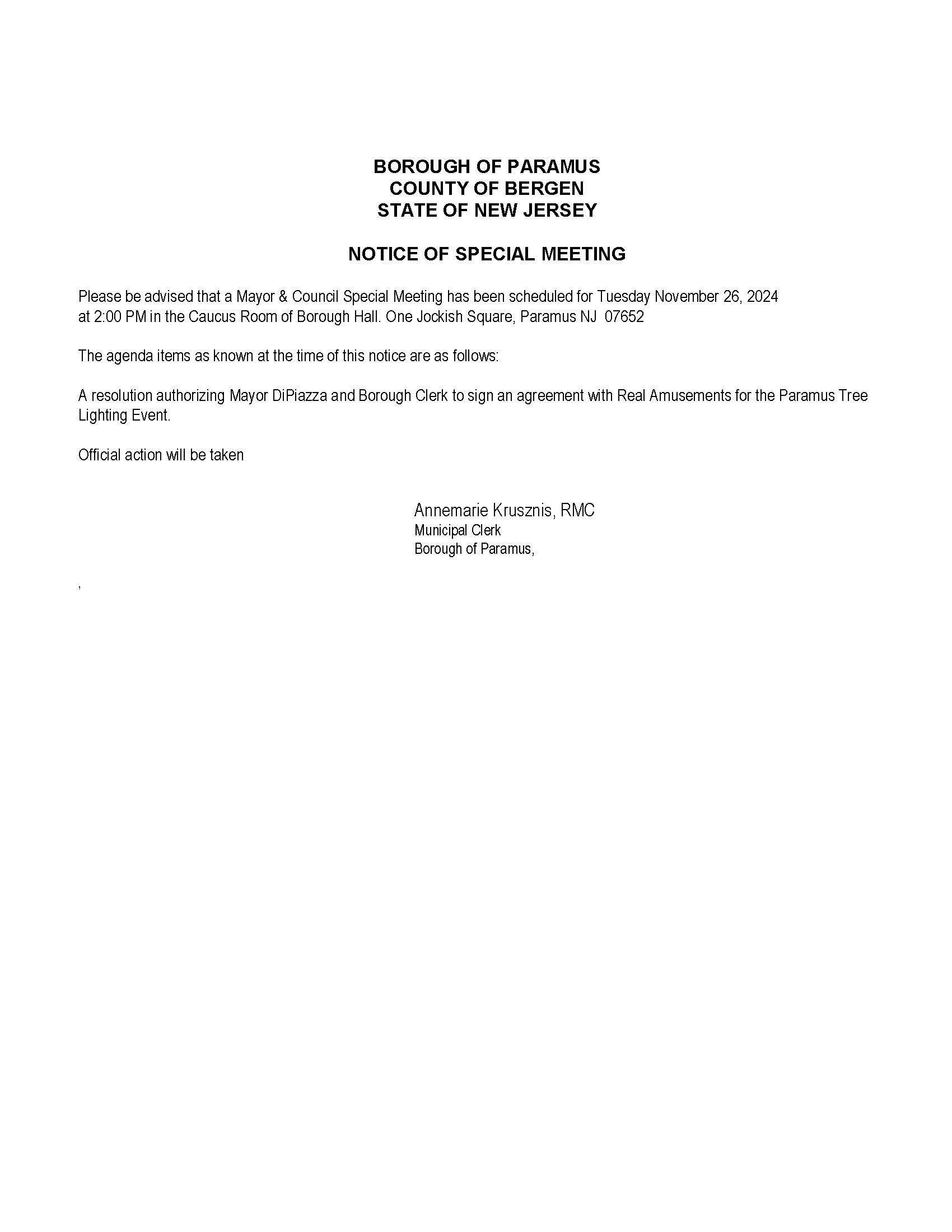 Notice of Special Meeting 10 24 2024  to Bergen Record 11 22 2024