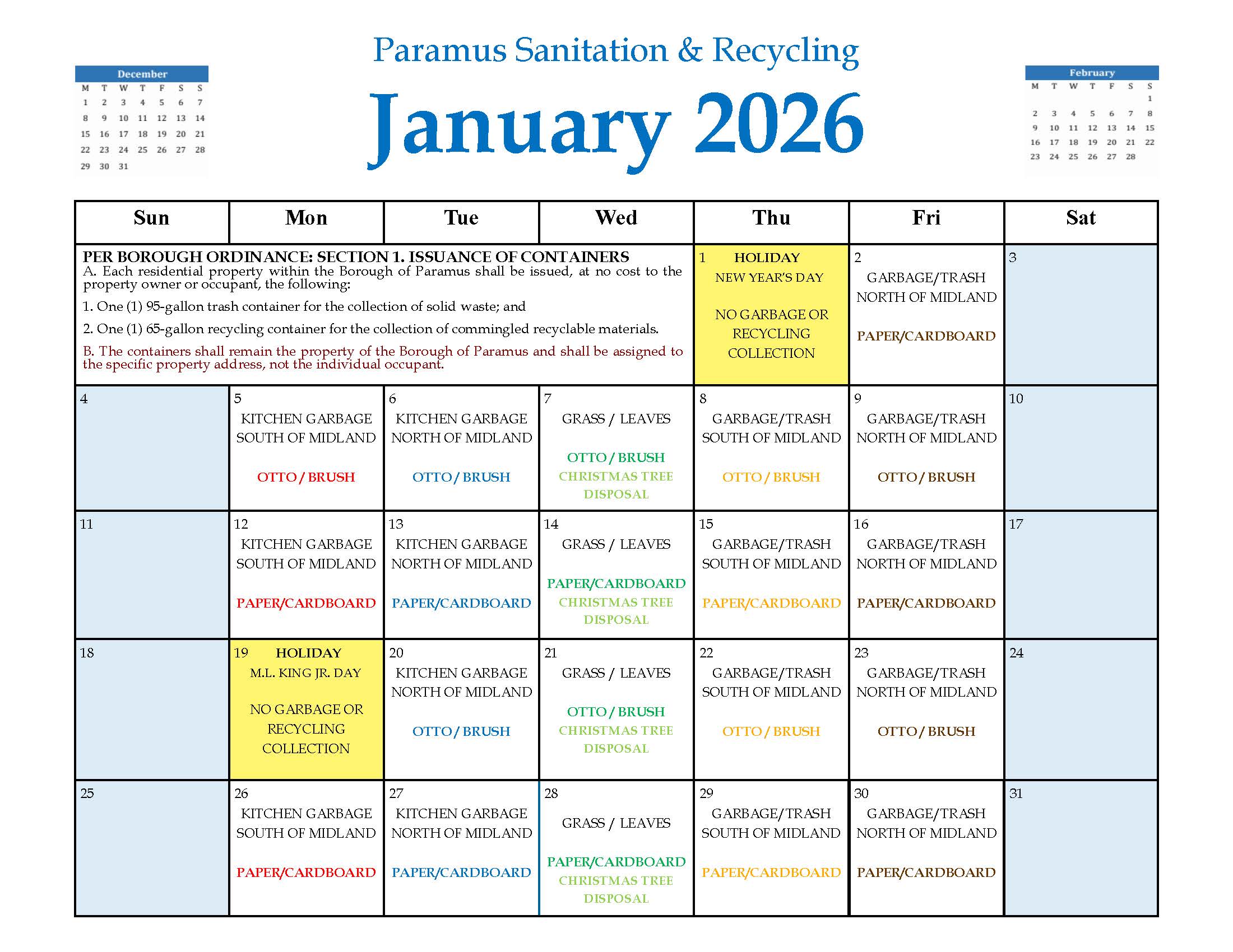 2026 Recycling Calendar January