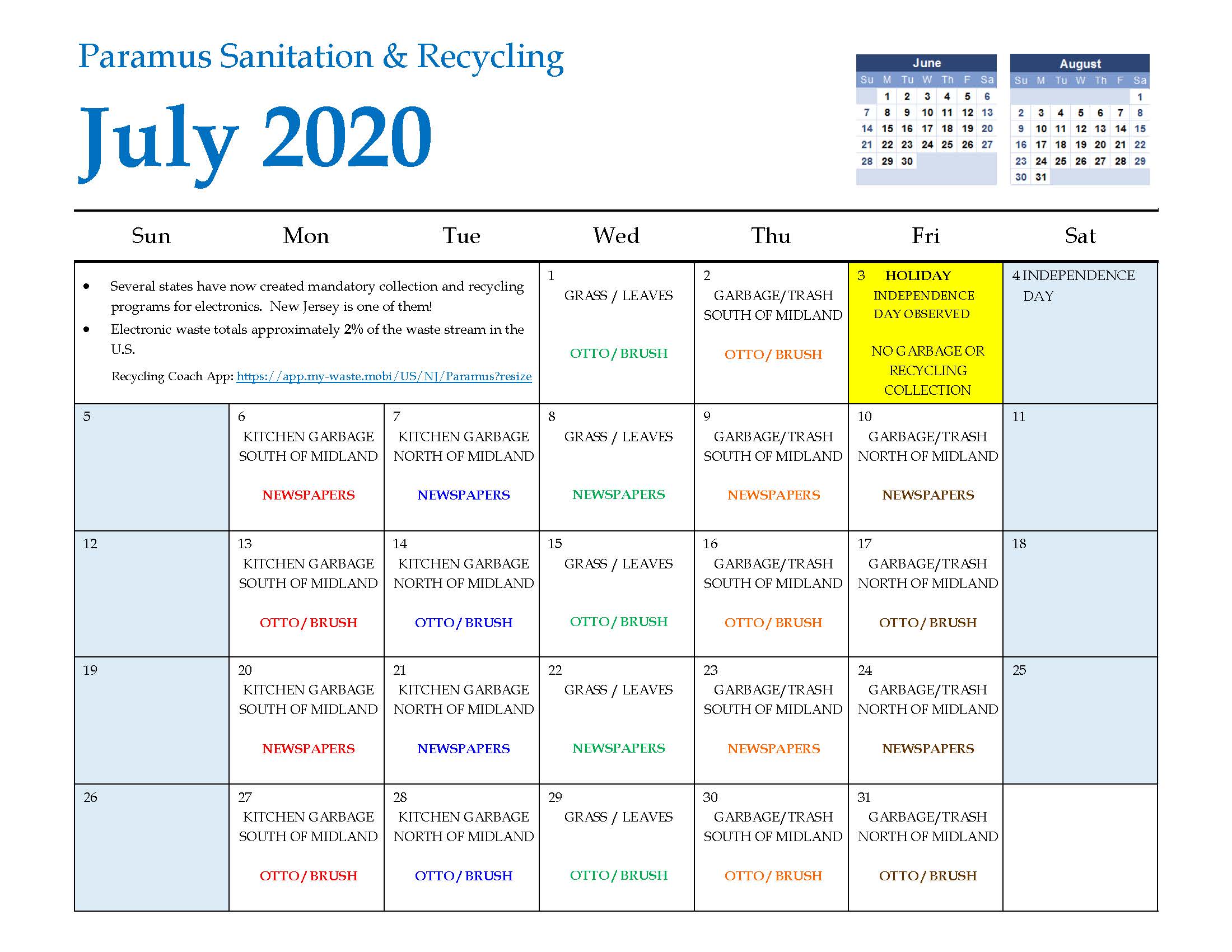 2020 Paramus Recycling Calendar July