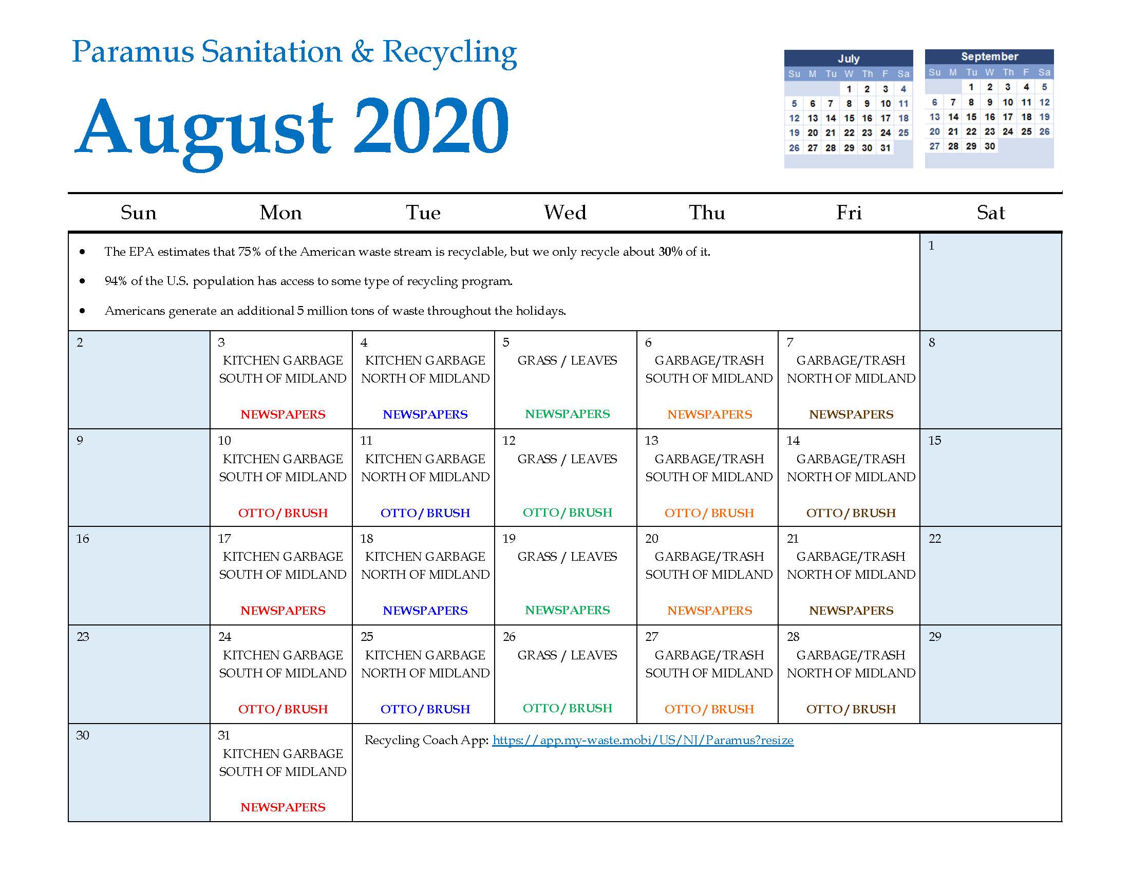 2020 Paramus Recycling Calendar August