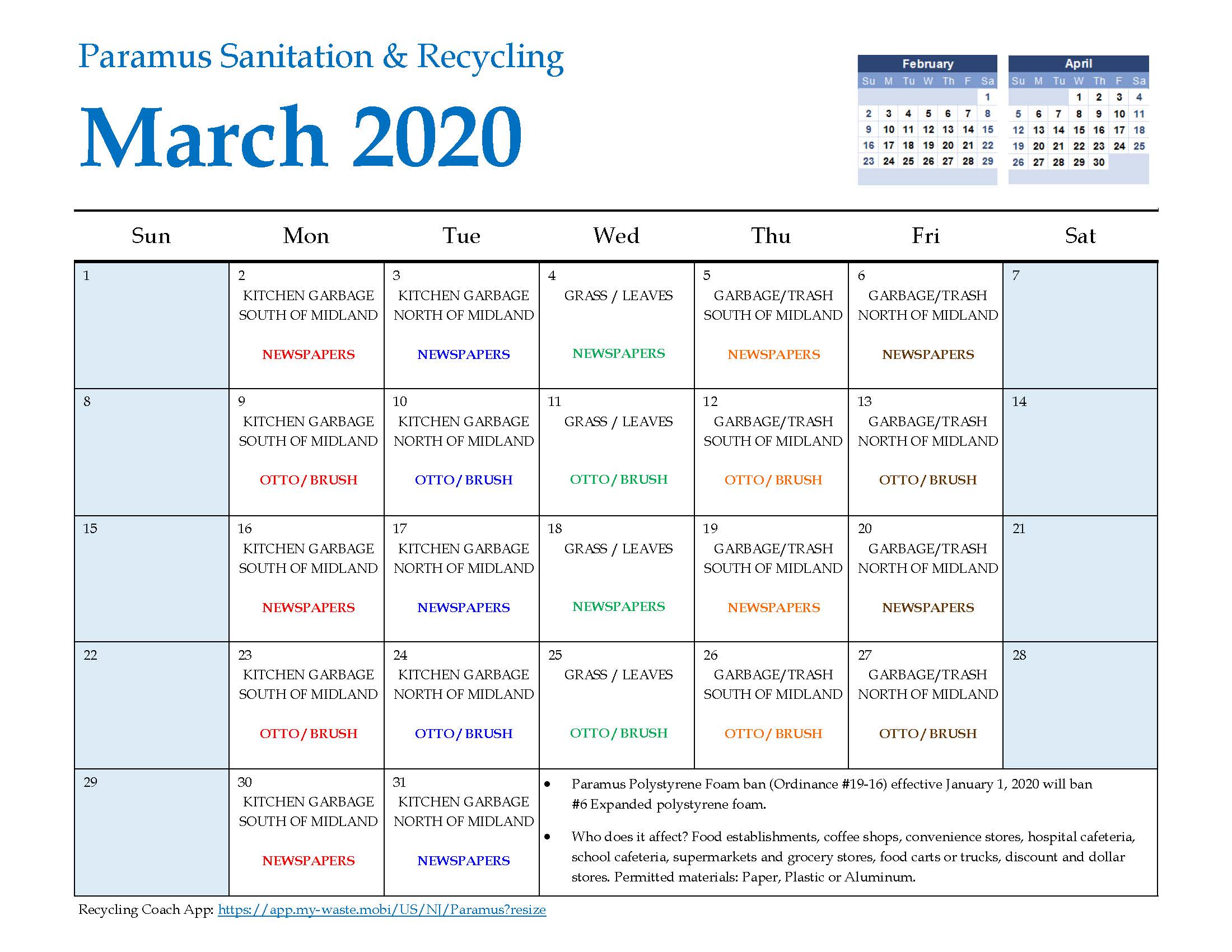2020 Paramus Recycling Calendar March