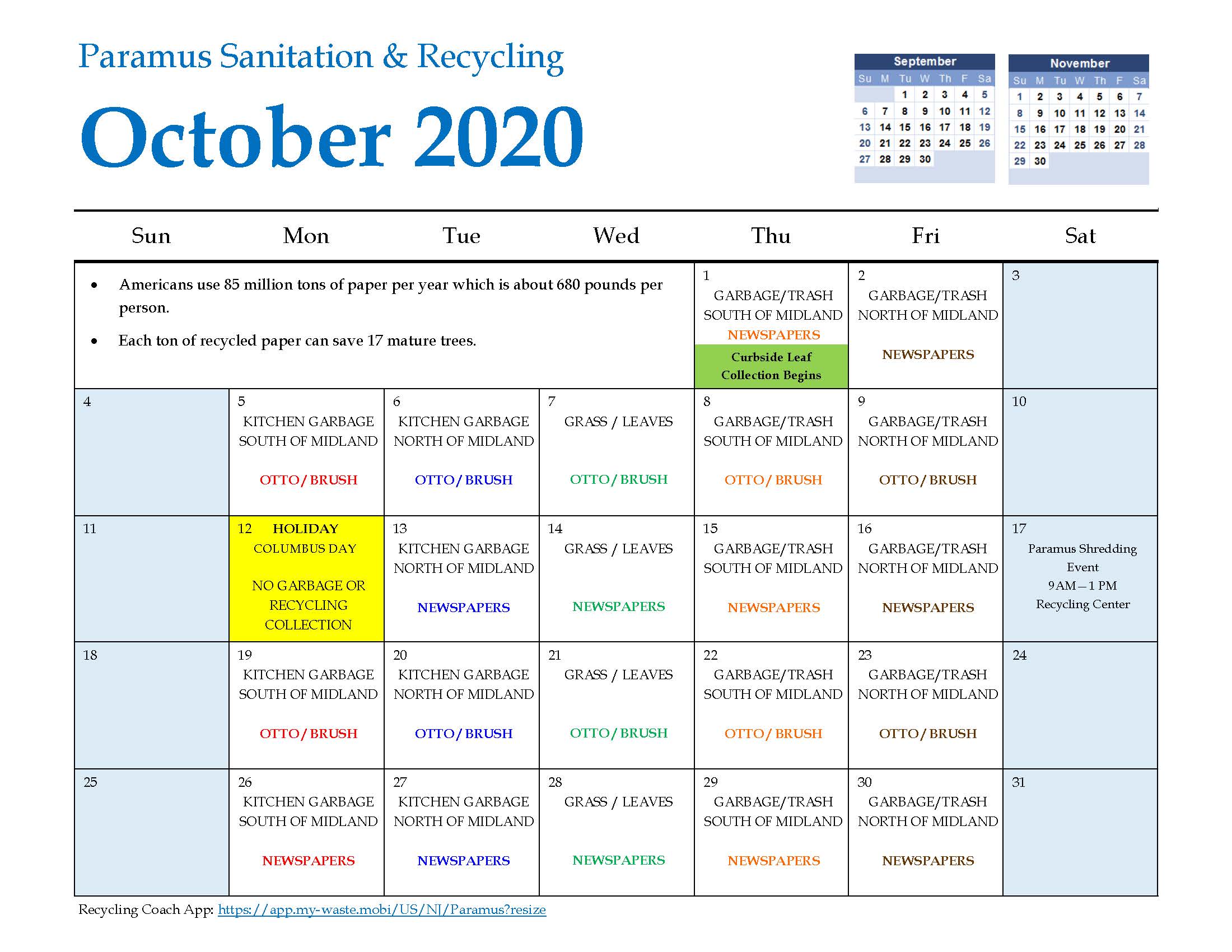 2020 Paramus Recycling Calendar October
