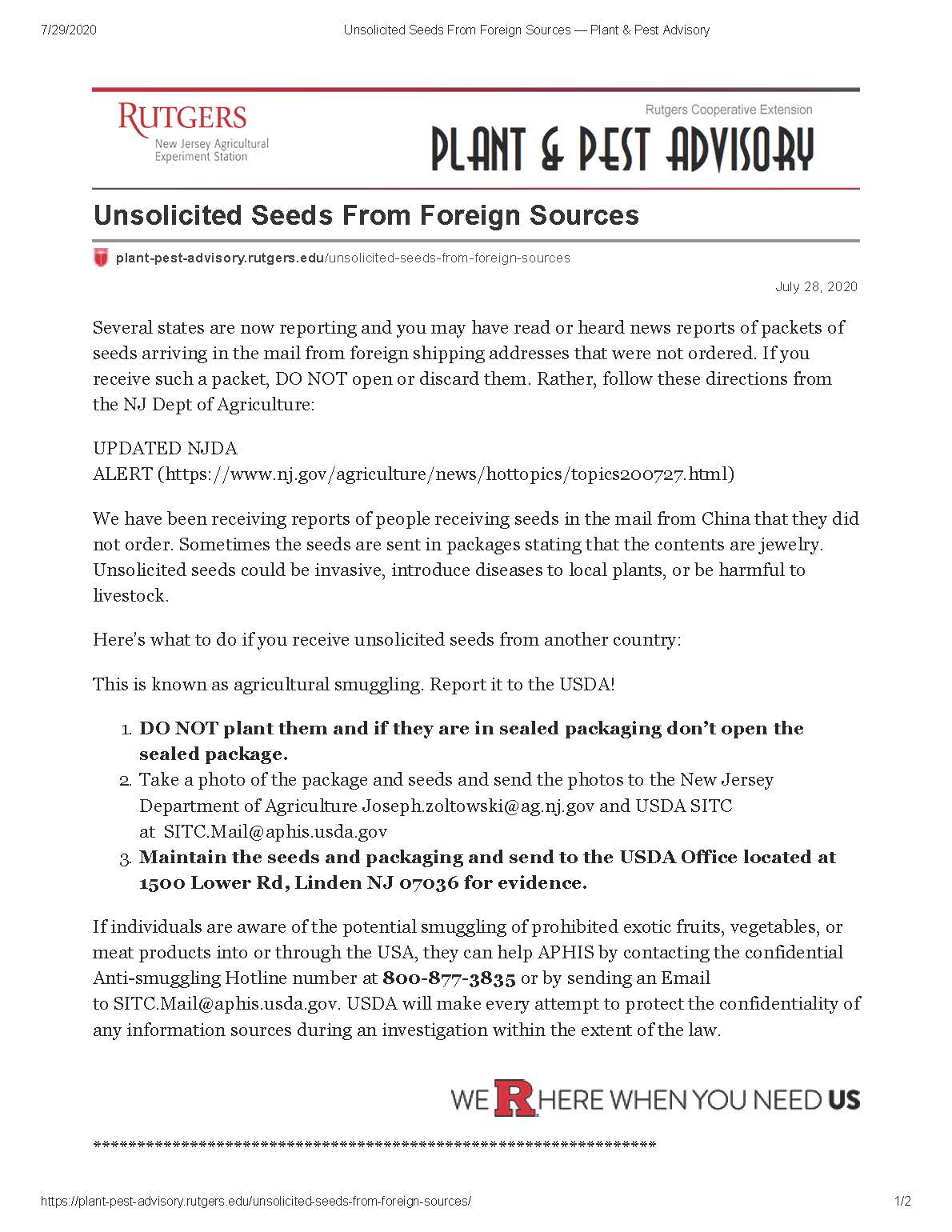 Unsolicited Seeds From Foreign Sources Plant Pest Advisory